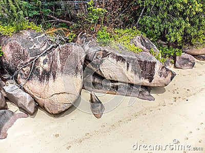 Huge granite rocks in Anse Bois de Rose Stock Photo