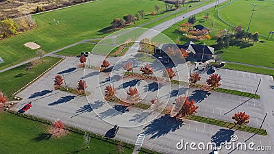 Huge grassy soccer fields near empty parking lots colorful fall foliage at community recreational center in Rochester, Upstate New Stock Photo