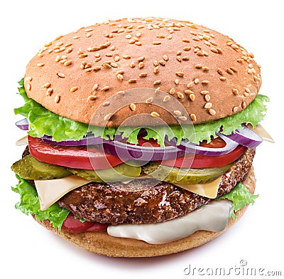 Huge hamburger. Perfect shot of burger`s layers. File contains clipping path Stock Photo
