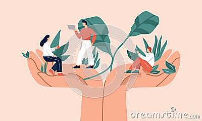 Huge hands holding tiny people office workers vector flat illustration Vector Illustration