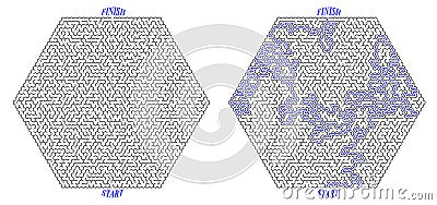 Huge hexagonal labyrinth of high complexity with solution. Black and white complex maze with very high level of Stock Photo