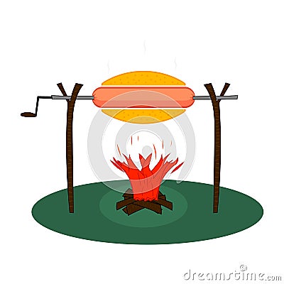 Huge hot dog with on a spit roasted on a fire. Sausage on a rotisserie with bonfire with firewood. Vector Illustration