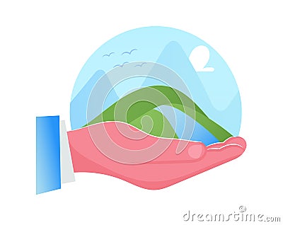 Huge Human Hand Holding Piece of Nature Landscape, Green Hill with River under Blue Cloudy Sky on Male Palm. Save Planet Vector Illustration