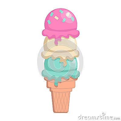 Huge ice cream cone. Big sweet waffle cone. chocolate, strawberry, cream ice cream.Isolated on a white background. Vector Illustration