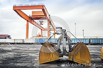 Huge industrial overhead crane and railway Stock Photo