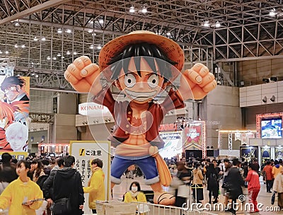 Huge inflatable structure of Monkey D. Luffy from One Piece manga at anime convention Jump Festa. Editorial Stock Photo