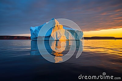 huge, isolated iceberg glittering in the low midnight sun Stock Photo