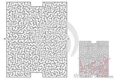 Huge labyrinth of high complexity with solution. Black and white complex maze with very high level of difficulty. Nice Stock Photo