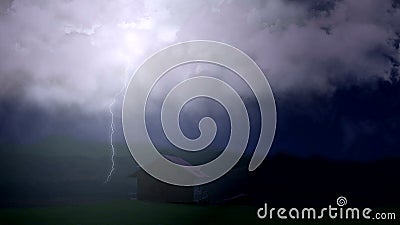 Huge lightning bolts strike above lone country house in valley, stormy weather Stock Photo