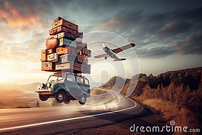 huge load luggage on roof of vintage german 70s van t1 nomadic lifestyle Vacation traveling on road Stock Photo