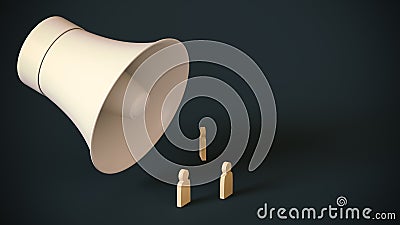 Huge loudspeaker loomed over tiny figures of wooden men. 3D rendering. Stock Photo