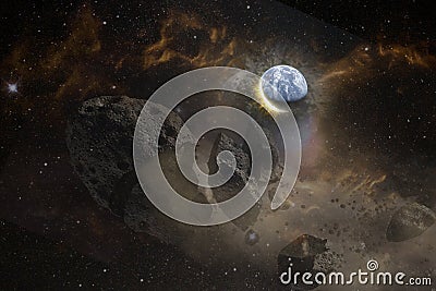 Huge meteorite flies to the Earth, a future disaster, creative fantasy science art. Stock Photo