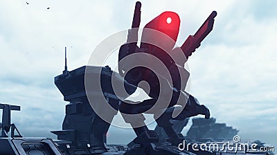A huge military robot on a futuristic military training ground. An apocalyptic view of the technology of the future. 3D Stock Photo