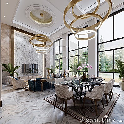 Huge modern dining area with large windows and high ceilings with seating and TV area with large designer table and chairs Stock Photo