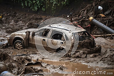 huge mudslide buries car and its driver Stock Photo