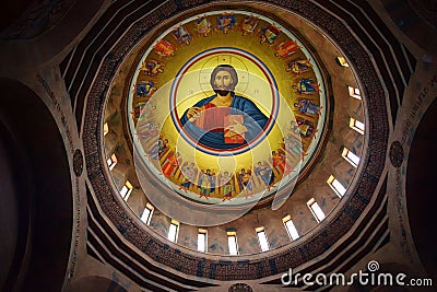 The huge murals of Christ inside of Saint John the Baptist Church, Abovyan, Armenia Editorial Stock Photo