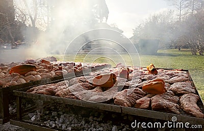 huge outdoor barbecue street food in a park Stock Photo