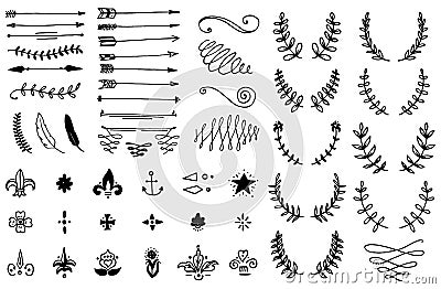 Huge pack or set engraved hand drawn in old or antique sketch style, vintage flourishes calligraphic design elements Vector Illustration