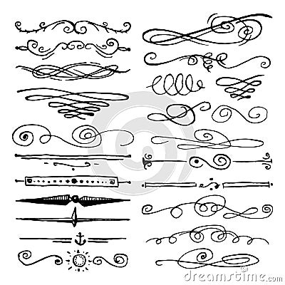 Huge pack or set engraved hand drawn in old or antique sketch style, vintage flourishes calligraphic design elements Vector Illustration