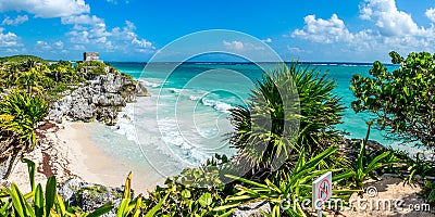 Huge Panorama of Tulum caribbean paradise and Mayan Ruins. Traveling Mexico. Stock Photo