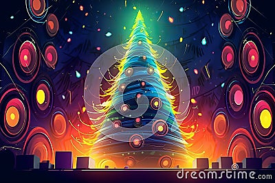 Huge party sound speakers and christmas decorated tree. hot new year party. Stock Photo