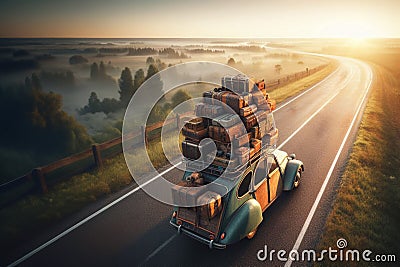 huge pile luggage roof vintage 60 70s vintage retro french car Vacation travel nomadic life road fun Stock Photo