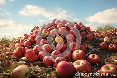 A huge pile of ripe apples in a landfill. The problem of overproduction Stock Photo