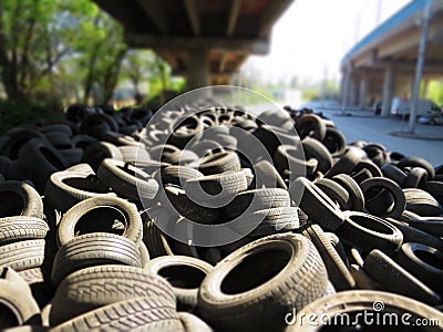 Huge piles from old car tires under a bridge in Varna, Bulgaria. Pollution all around. Editorial Stock Photo