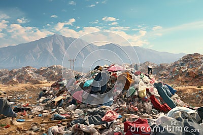 Huge piles of unnecessary clothes in the landfill. The problem of overproduction Stock Photo