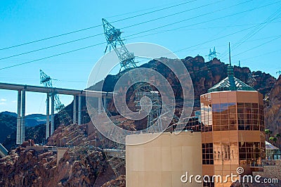 Huge pillars wire behind tower in Hoover Dam Stock Photo