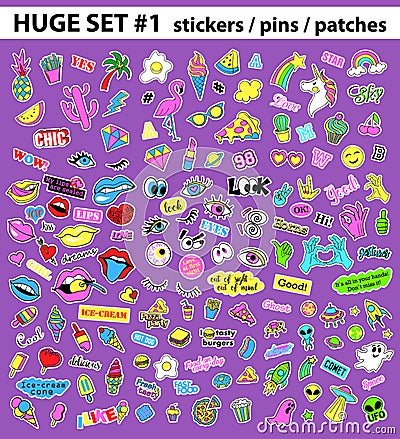 Huge pop art set with fashion patch, badges, stickers, pins, patches, quirky, handwritten notes collection. 80s-90s Vector Illustration