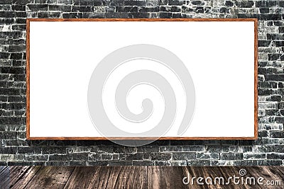 Huge poster advertising billboard on brick wall as background. Stock Photo