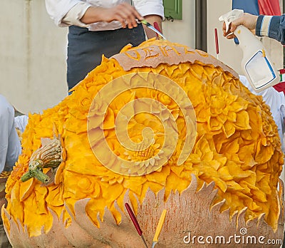 Huge pumpkin entirely carved at the Venzone Pumpkin Festival, Udine, Friuli, Italy Stock Photo