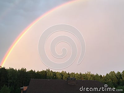 Rainbow, landscape, sky, clouds, forest, Belarus, sky, horizon, beauty, evening Stock Photo