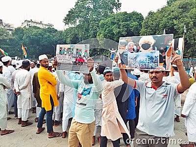 A huge rally of Indian muslim with poster and banner to support palestine Editorial Stock Photo
