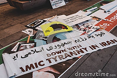 Huge rally in support of Iranian protests in front of Vancouver Art Gallery. View of sign Down with Islamic Tyranny in Iran Editorial Stock Photo