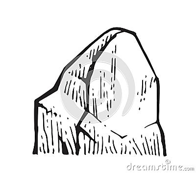 Huge rock. Piece of cliff. In style of contour engraving. Outline sketch. Hand drawing is isolated on white background Vector Illustration