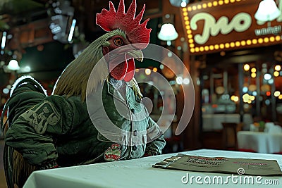 A huge rooster in an old green, filthy tennis suit sits at a table in a restaurant, AI generated Stock Photo