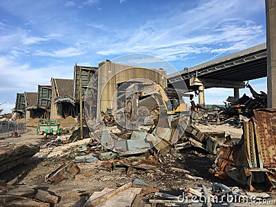 The huge ruined bridge in New York. Industrial zone Editorial Stock Photo