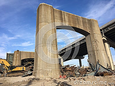 The huge ruined bridge in New York. Industrial zone Editorial Stock Photo