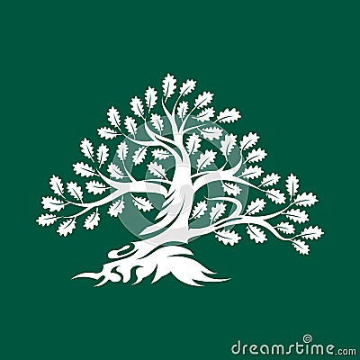 Huge and sacred oak tree silhouette logo badge isolated on green background. Vector Illustration