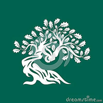 Huge and sacred oak tree silhouette logo badge isolated on green background. Vector Illustration