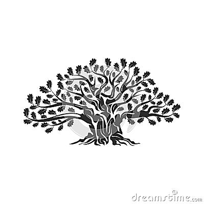 Huge and sacred oak tree silhouette logo badge isolated on white background. Vector Illustration