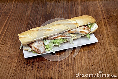 Huge sandwich of chicken on baguette bread Stock Photo