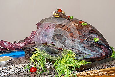 A huge semi-finished tuna lies on a table in a restaurant Stock Photo