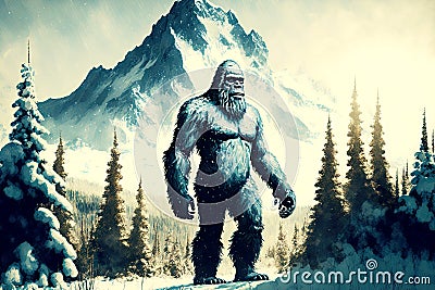 Huge shaggy monster bigfoot walks along snowy road Stock Photo