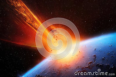 A huge sized meteor crashes on the earth creating shock waves. Meteor or comet falling earth.Generative AI Cartoon Illustration