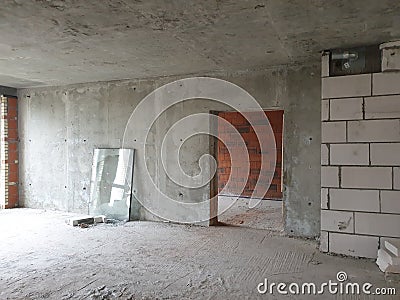 huge space of new luxury modern apartment with hole in wall in neighboring apartment in newly built apartment building Stock Photo