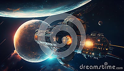 Huge Spaceship with complex and sharp shape in front of a Planet and moons with Space and shooting Stars - generated by AI Stock Photo