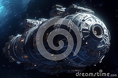 Huge spaceship in outer space of Universe. Dark space background Stock Photo